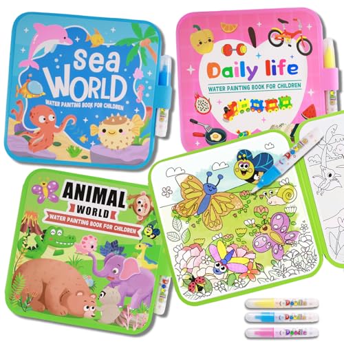 YECHISY Reusable Water Painting Books for Kids: 3 Pack Mess-Free Magic Water Coloring Books - Paint with Water Books No Mess Coloring Travel Activity Toys for Toddlers Ages 3+