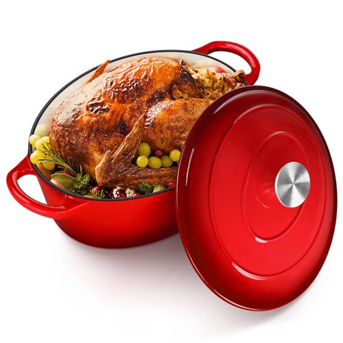 HaSteeL Oval Cast Iron Dutch Oven, 7 QT Enamel Deep Pot with Lid, Non Stick Casserole Cookware for Sourdough Bread Baking, Braising, Simmering, Poaching, Slow Cooking, Stewing, Frying, Heavy Duty, Red