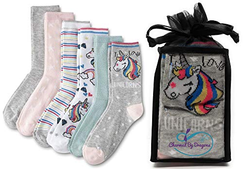 Soft Unicorn Crew Socks for Girls and Teens Size 4-11 In Gift Bag (6 Pairs)