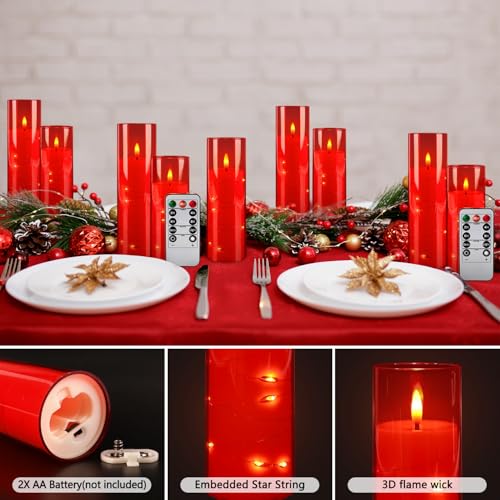 Image of 24-Pack Flameless LED Candles with Star String Lights - Red Acrylic Pillar, Realistic Flickering, Remote Control & Timer for Home Decor, Wedding, Christmas