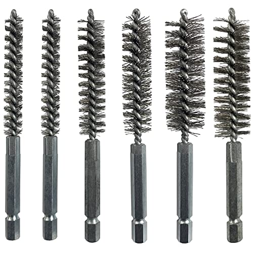 Image of 6 Pieces Stainless Steel Bore Brush Set in Different Sizes, Twisted Wire Cleaning Brush with 1 /4 Inch Hex Shank for Power Drill Impact Driver (8, 10, 12, 15, 17, and 19mm)