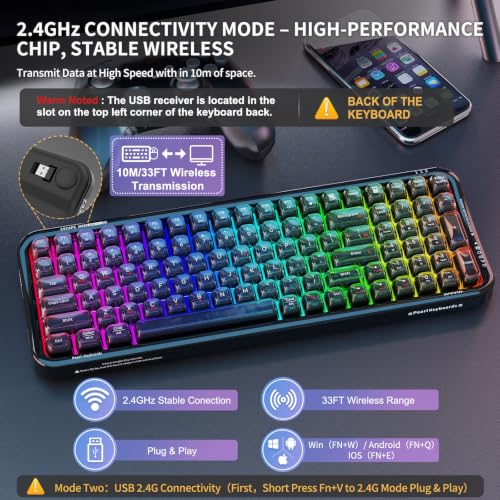 Image of FOPETT Wireless Computer Keyboard with RGB Backlit, Tri-Mode Bluetooth 5.0 /USB-C /2.4GHz Ergonomic Gaming Keyboard - Full-Size Rechargeable Transparent Keycap for Laptop /Windows /PC - Black