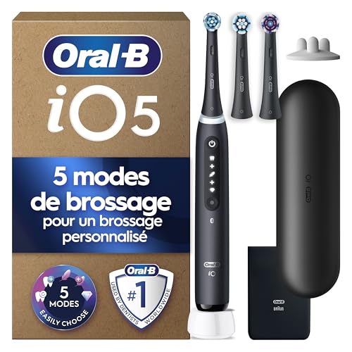Oral-B Brosse A Dents Electrique iO 5 Noire, 5 Modes De Brossage Dont Blancheur, Capteur De Pression Sur Les Gencives, 3 Brossettes De Rechange Oral B, Etui De Voyage, Chargeur, Emballage Carton