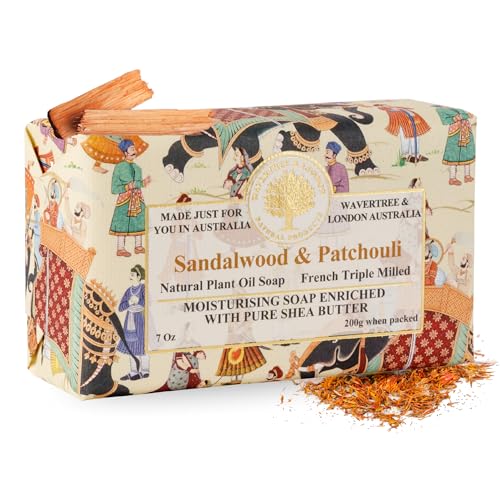 Wavertree & London Sandalwood Patchouli Scented Natural Soap Bar 7oz Moisturizing French Triple Milled Soap Bar for Women & Men Enriched with Organic Shea Butter Pure Bath & Body Soap (1 Bar)
