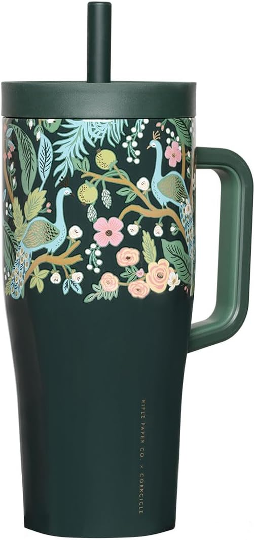 Corkcicle x Rifle Paper Co. Cruiser Insulated Tumbler with Handle & Straw - Triple-Insulated - Leakproof Travel Mug - BPA-Free - Summer Drinkware Gift - Keeps Drinks Ice Cold - 22 oz - Peacock Blue - Image 3
