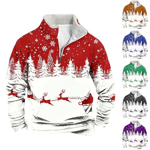 Mens 1/4 Zip Christmas Sweatshirt Xmas Tree Pullover Ugly Christmas Jumper Long Sleeve Sweater Fleece Stand Collar Sweatshirts Reindeer Snowflakes Printed Jumpers Funny Xmas Warm Cosy Sweaters Red L