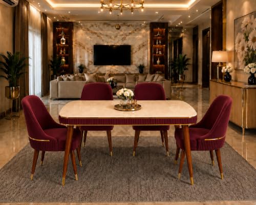 Image of WOODEN SPACE 4 Seater Wooden Dining Table Set | Urban Marble Top Dining Table with Chairs for Dining Room & Kitchen (Modern Grand Aura Maroon) (54 x 36 x 30 inch)