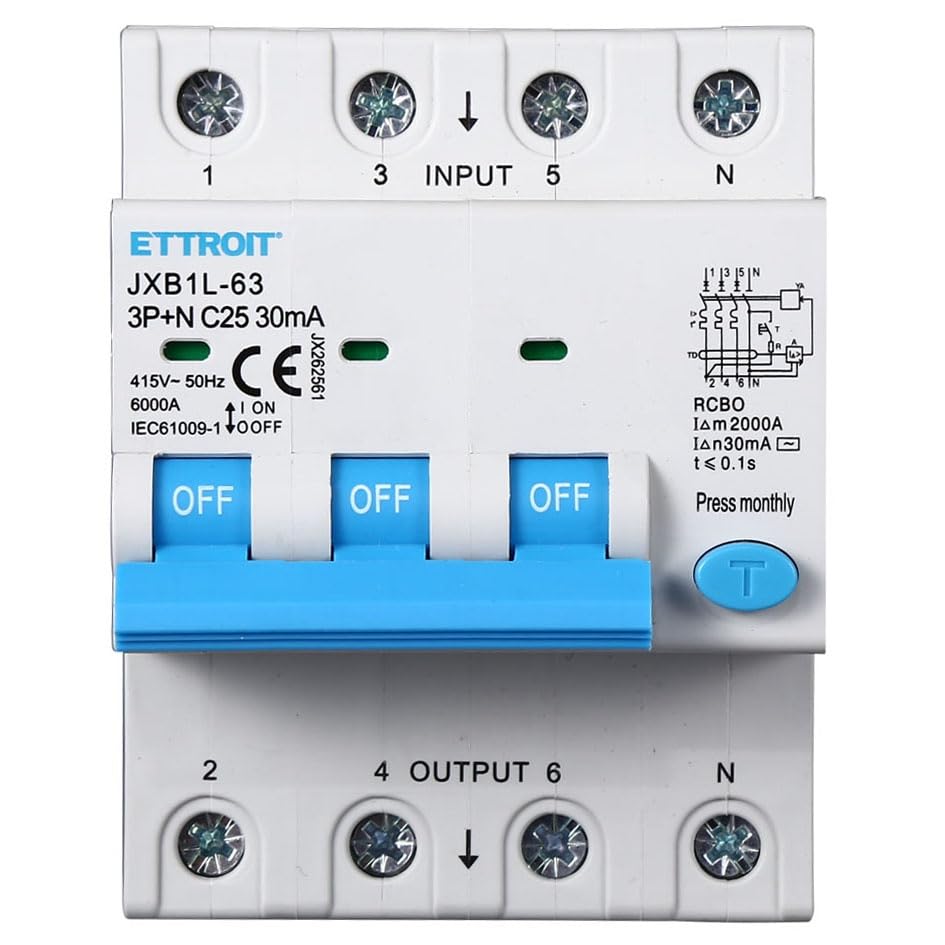 Interrupteur magnétothermique différentiel 3P+N 25A 30mA 380V-6KA rail DIN 4 modules protection circuit sécurité