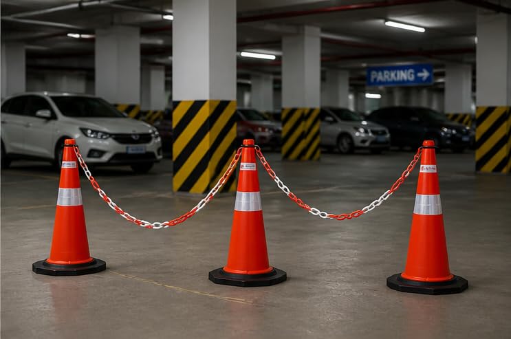 Image of K T I Traffic Cone 750 MM Height having Reflective Collar With 2 Meter Red And White Chain For Parking, Construction, Industries, Hospitals, Malls Etc Pack Of 2