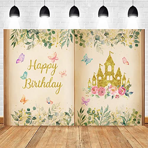Fairy Tale Books Happy Birthday Princess Castle Backdrop for Girl Once Upon A Time Magic Storybook Spring Eucalyptus Leaves Floral Butterfly Wedding Photography Background Banner Photo Studio 7x5ft