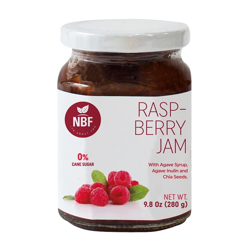 NBF No Sugar Added Raspberry Jam (9.8 Oz) Sugar Free Fruit Spread, Low Glycemic, Sweetened with Agave Syrup, Inulin Fiber, Chia Seeds, Keto Friendly, for bread