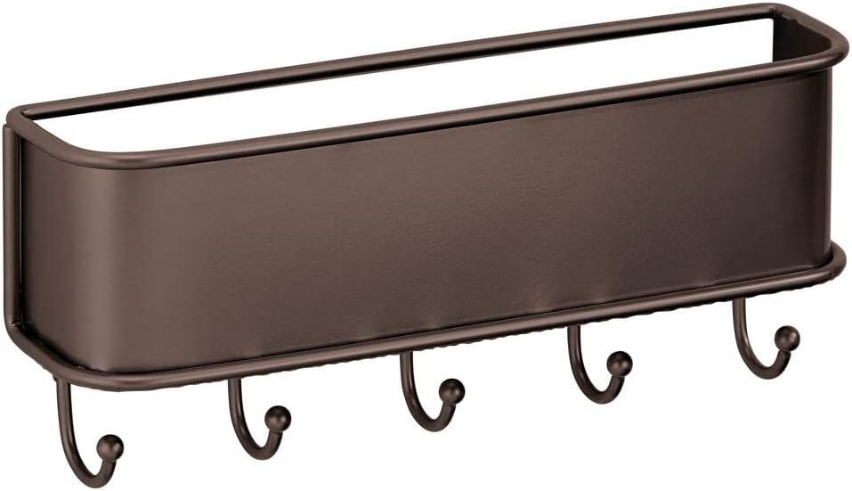 mDesign Wall Mount Metal Entryway Storage Organizer Mail Sorter Basket with 5 Hooks - Letter, Magazine, Coat, Leash and Key Holder for Entryway, Mudroom, Hallway, Kitchen, Office - Bronze