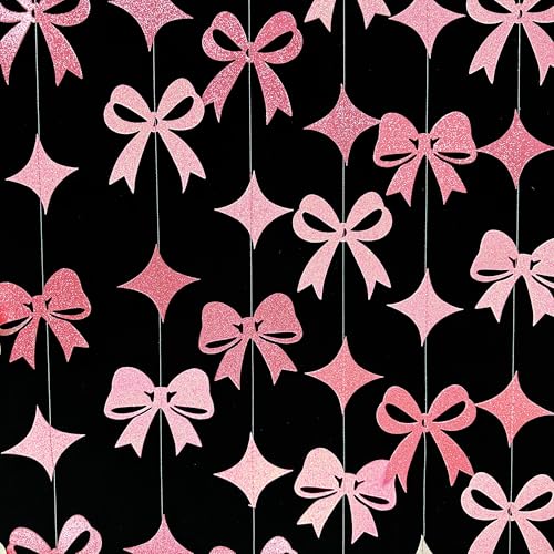 Image of Pink Bow Decorations Pink Glitter Paper Star Bow Hanging Garland Streamer Banner for Coquette Birthday Bridal Shower Wedding Anniversary Bachelorette Engagement Baby Shower Party Decorations Supplies
