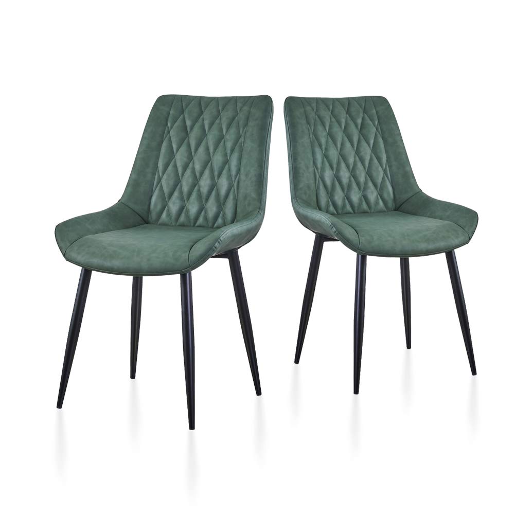 TUKAILAi Dining Chairs Set of 2 Green Faux Leather Kitchen Corner Chairs with Backrest and Metal Legs, Upholstered Seat for Home Living Room Lounge Bedroom