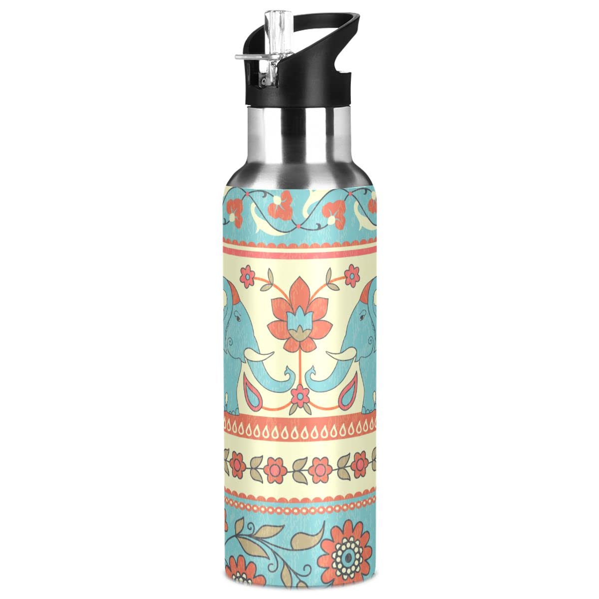 Edelstahl Wasserflasche mit Strohhalm, indische ethnische Elefanten und Blumen Isolierte Trinkflasche Sport Wasserflasche für Kinder Erwachsene, auslaufsicher, 1L