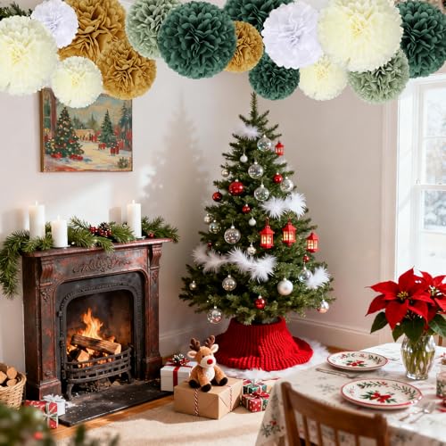 Image of BestoFun 16 PCS Sage Green Party Decorations Tissue Paper Flowers Christmas Party Decors Hanging Pom Poms Decorations for Xmas New Year Winter Holiday Decorations