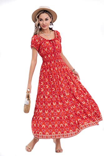 Image of OSTOO Women's Floral Maxi Dress Boho Summer Short Sleeve Smocked Waist Tiered Long Dress