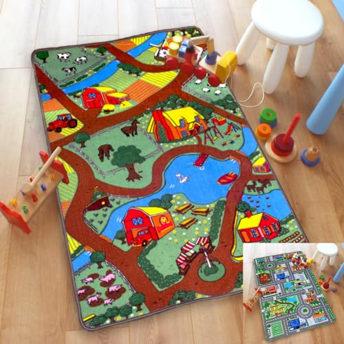 Reversible Road Map Farm Animal Cars Rug Play Mat 100cm x 165cm (3'3 x 5'4 approx)