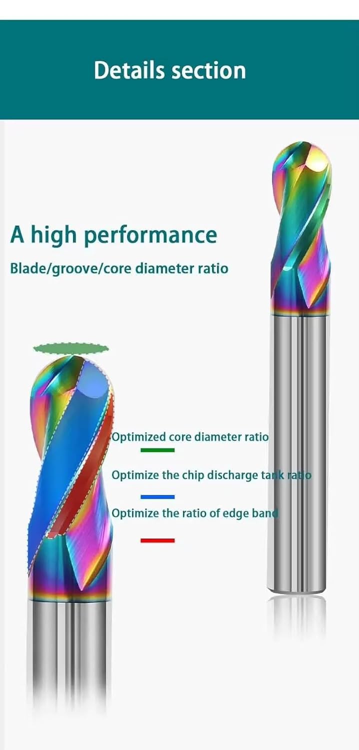 HRC55 2Flute Aluminum Ball Cutter DLC Aluminized Carbide Ball Cutter CNC CNC Milling Aluminum, Copper and Acrylic Tools End Mill,R6X12X150