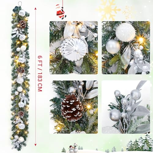 GarveeHome Christmas Garland with Lights, 6 Ft Silver White Lighted Christmas Garland with Pine Cones Ball Ornaments Battery Operated Lights for Indooor Outdoor Mantle Stairs Railing Decorations