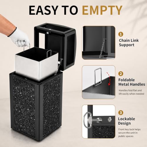 Image of Commercial Outdoor Trash Can with Lockable Lid | Heavy Duty, 15 Gallon, Removable Inner Liner, Stone Composite Panels, Black