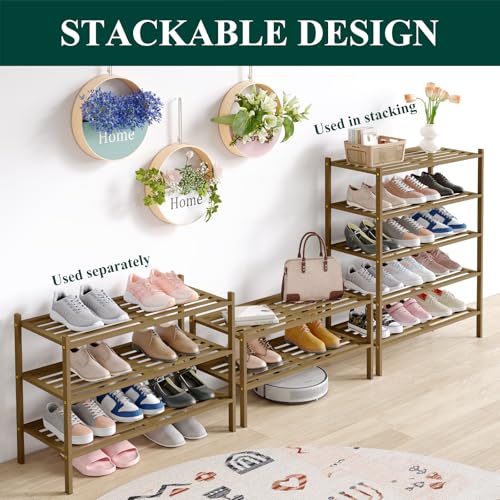 Image of Smiry Bamboo Shoe Rack, 5 Horizontal Slats, 3 Tier - 26.8 inch Wide, Walnut