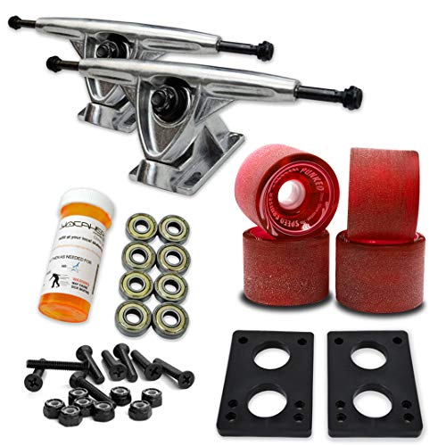 Yocaher Longboard Skateboard Trucks Combo Set 71mm Wheels + 7'/180mm Heavy Duty Aluminum Polished Trucks, Bearing, Riser Pad, and Longboard Hardware Package (Gel Red Wheel & Polished Trucks)