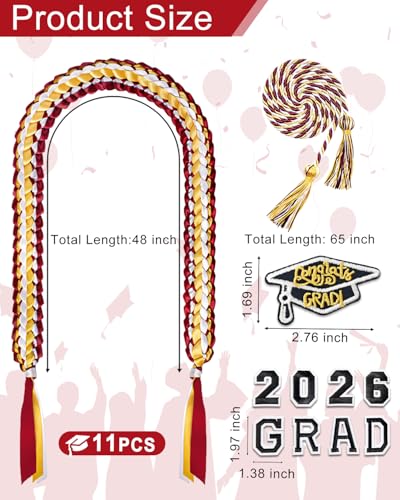 Image of Yigney Graduation Lei Set Class of 2026 Grad Ribbon Leis with Honor Cord Double Braided Graduate Leis for Men Women Red Gold White