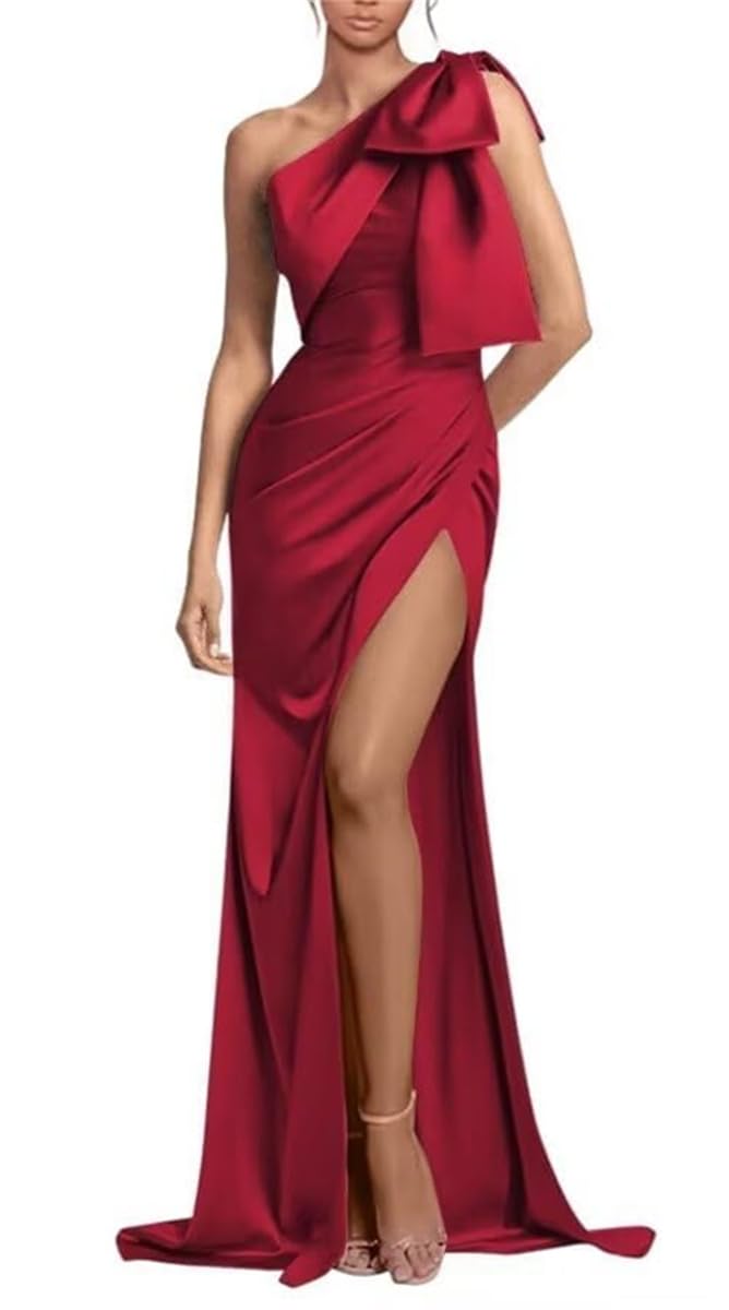 Yiann Women's Burgundy Prom Dresses For With Slit 2024 Satin Formal Wedding Evening Gown One Shoulder Bridesmaid Dress Uk8