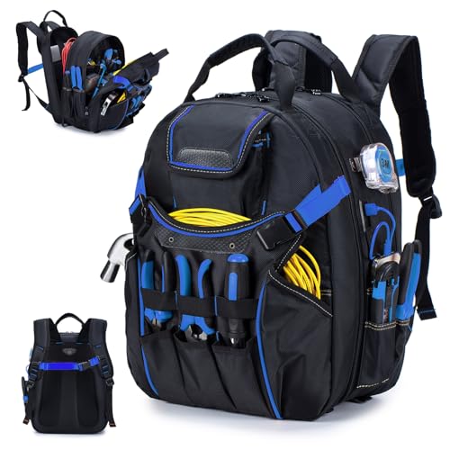 BAGZY Tool Backpack Heavy Duty 52 Pockets Tool Bag Backpack for Men Waterproof Electrician Bags with Laptop Compartment for Storage Organization Repairman Industrial & Construction Work Blue