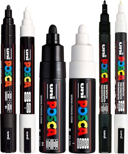 Posca Ensemble de 6 marqueurs à pointe ogive, coloris noir et blanc (PC-5M, PC-7M, PC-3M)