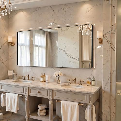 Image of Kosmonia 60x28 inch Black Bathroom Mirror Metal Framed Rounded Rectangle | Oversized Wall Mounted Mirror, Anti-Rust, HD Reflection, Tempered Glass, Hangs Horizontally or Vertically