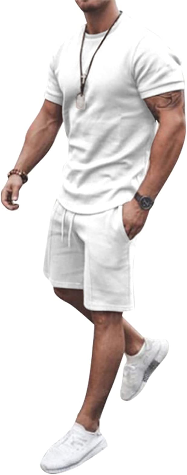 Men Sports Suit Outfits-2 Piece Tracksuit Casual Solid Color T-Shirt and Pants Sweatsuit Set White