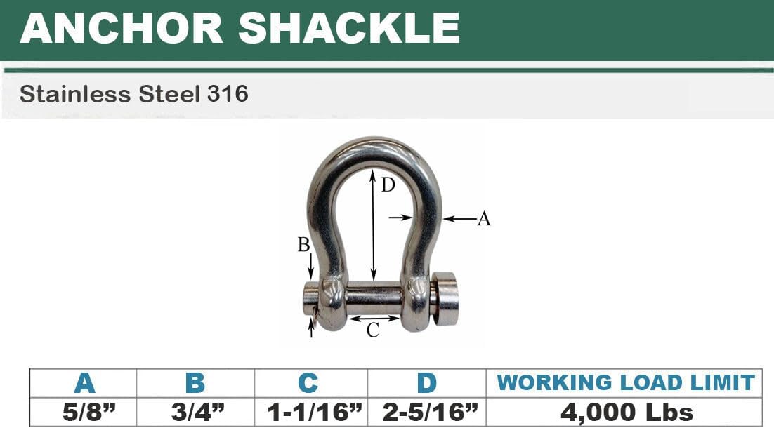 Prolinemax Marine Stainless Steel T316 Forged 5/8" Round Pin Anchor Shackle 4,000 Lb WLL