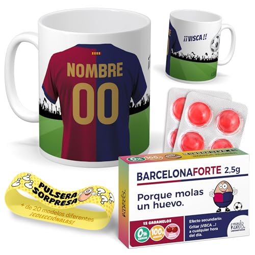 mundohuevo Kit regalo personalizado | Taza personalizada con nombre y número fútbol Barcelona + Caramelos divertidos + Pulsera sorpresa | Regalo divertido, original y único para aficionados