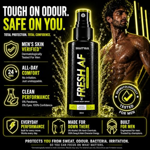 Image of Fresh AF Intimate Spray for Men (750 Sprays) | Pre / Post gym, workout, travel, shower for clean & fresh balls | pH Balanced, Anti-Bacterial, Anti-Odour with Aloe Vera, Neem | Hygiene Spray for Lower body itch control | Forbidden Squeeze - zesty, citrusy, energetic fragrance