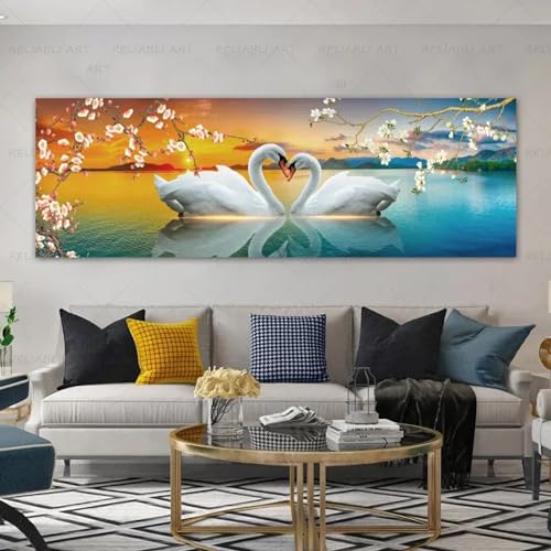 Peinture de paysage animal cygne impression sur toile de lin d'art xxl décoration salon 80x240