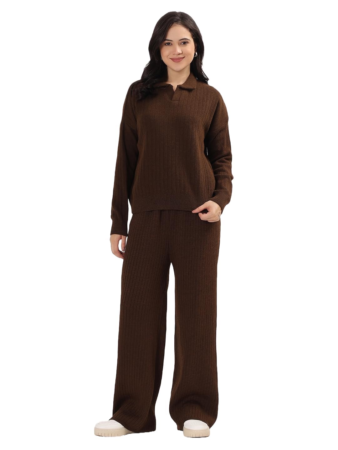 Winter Cord Set for Women Ribbed Knit Tracksuit Pajama Set Two Piece Travel Wear with Collar Polo Sweater Top and Wide Leg Pant Brown Size- Large-image-16