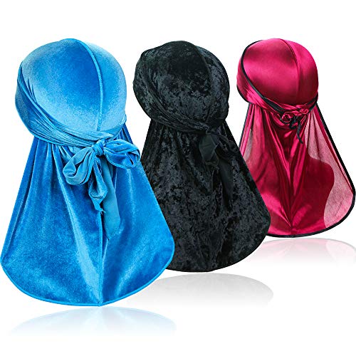 3 Pcs Wave Durags (Velvet Durag, Crushed Velvet Durag and Soft Durag) – Premium Headwraps with Extra Long Tail for 360 Waves