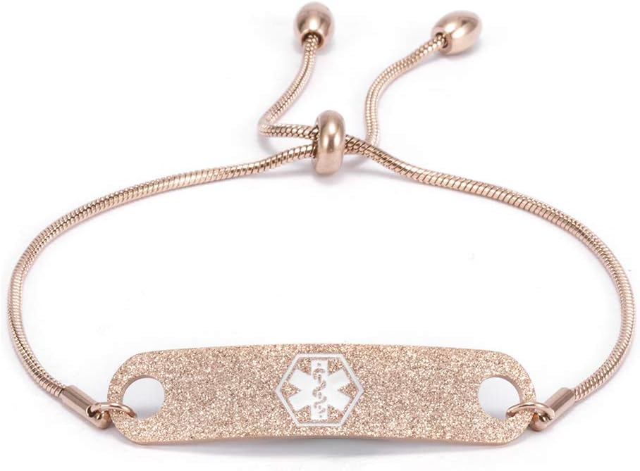 Custom Engraving Stainless Steel Medical Alert ID Bracelet Glitter Rose Gold Emergency Awareness Bracelets for Women Adjustable Chain Medic Jewelry 5-8.5"