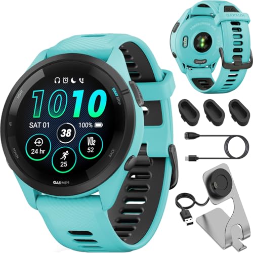 Garmin Forerunner 265 Running GPS Smartwatch, pantalla AMOLED, 46 mm, aguamarina/negro, 010 02810 02   Paquete con base de carga Deco Essentials, cubierta antipolvo y cable USB C