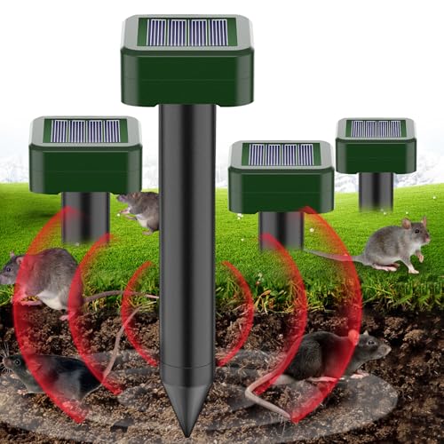 Ahuyentador de Topos Solar 4 Piezas, Ahuyentador de Roedores Solar Ultrasónico Impermeable y Resistente a la Corrosión para Ahuyentar Campañoles, Topos, Serpientes y Lagartos