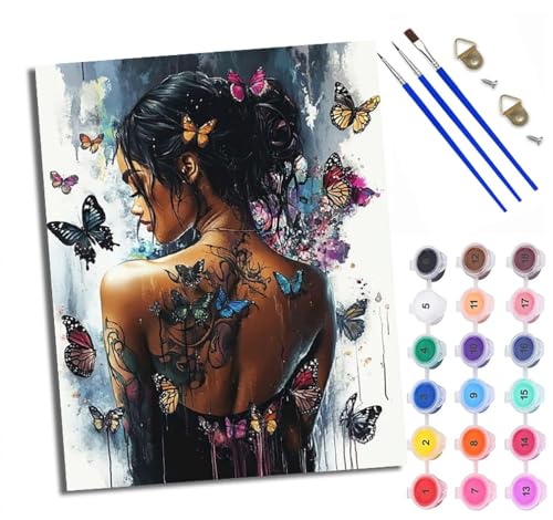 Pintura por Números para Adultos Retrato de una mujer con un tatuaje de mariposa. Pintura al óleo digital para adultos de Cuadro para Pintar por Números con Lienzo Con marco pintura al óleo de