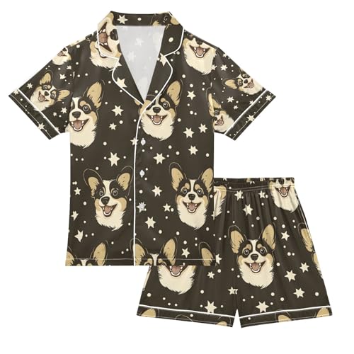 senya Starry Corgi Face Night Satin Summer Pajama Sets Silk Short Sleeve Button Down Sleepwear