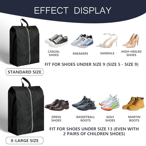 MiHeeHome Extra Large Waterproof Shoe Bags - 4-Pack Travel Storage for Men and Women (Black, 2 Sizes)