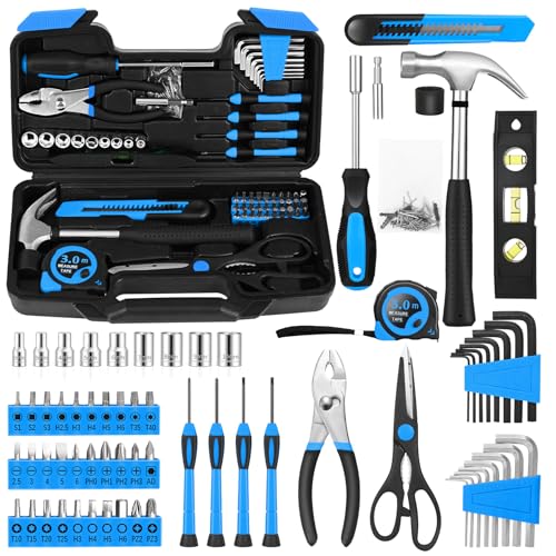 Image of 144-Piece Blue Tool Kit for Home, Household Hand Set with Plastic Toolbox | General basic repair tools for women & college students; all-purpose dorm set for home, apartment, office DIY daily repairs