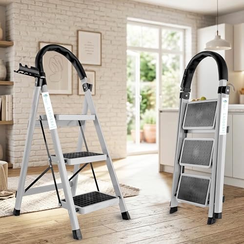 Image of Norman Jr White 3 Step Ladder for Home Use with Built-in Tool Tray | Heavy Duty D Shape Rods | Ultra Large Platform | Wide Rubber Feet | 150Kg Capacity Foldable Ladder - 7 Years Warranty