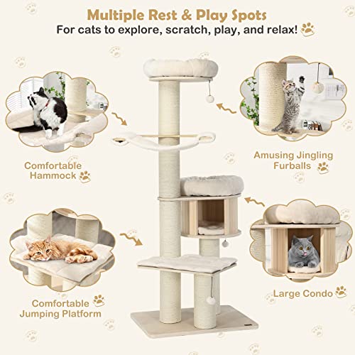 Tangkula Modern Cat Tree, Multi-Level Large Cat Tower W/Cat Condo, Hammocks & Hanging Basket, Tall Cat Tree W/Sisal Posts, Washable Cushions, Wood Cat Trees And Towers For Indoor Large Cats #TOP5