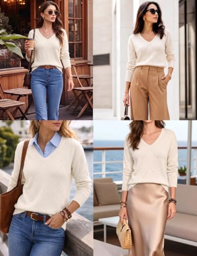 Image of Zeagoo Womens Sweaters Fall Trendy Casual Long Sleeve Shirt Lightweight V Neck Off Shoulder Crochet Pullover Top Outfit