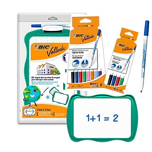 Pack Bic Velleda Pizarra Blanca Pequeña De Doble Cara 21X31Cm + 13 Rotuladores De Colores Surtidos Con 1 Borrador, Óptimo Para Material Escolar, Ideal Para Los Niños